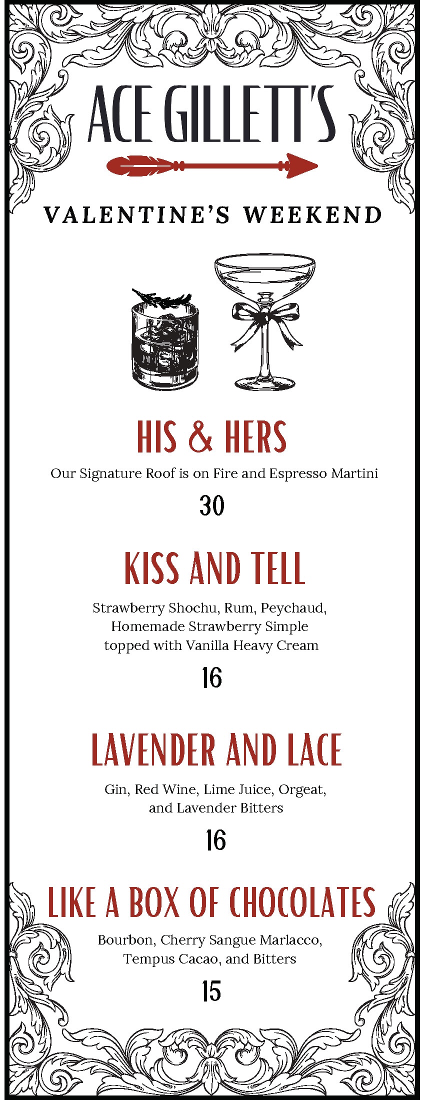 Valentine's Weekend Cocktail List at Ace Gillett's Fort Collins