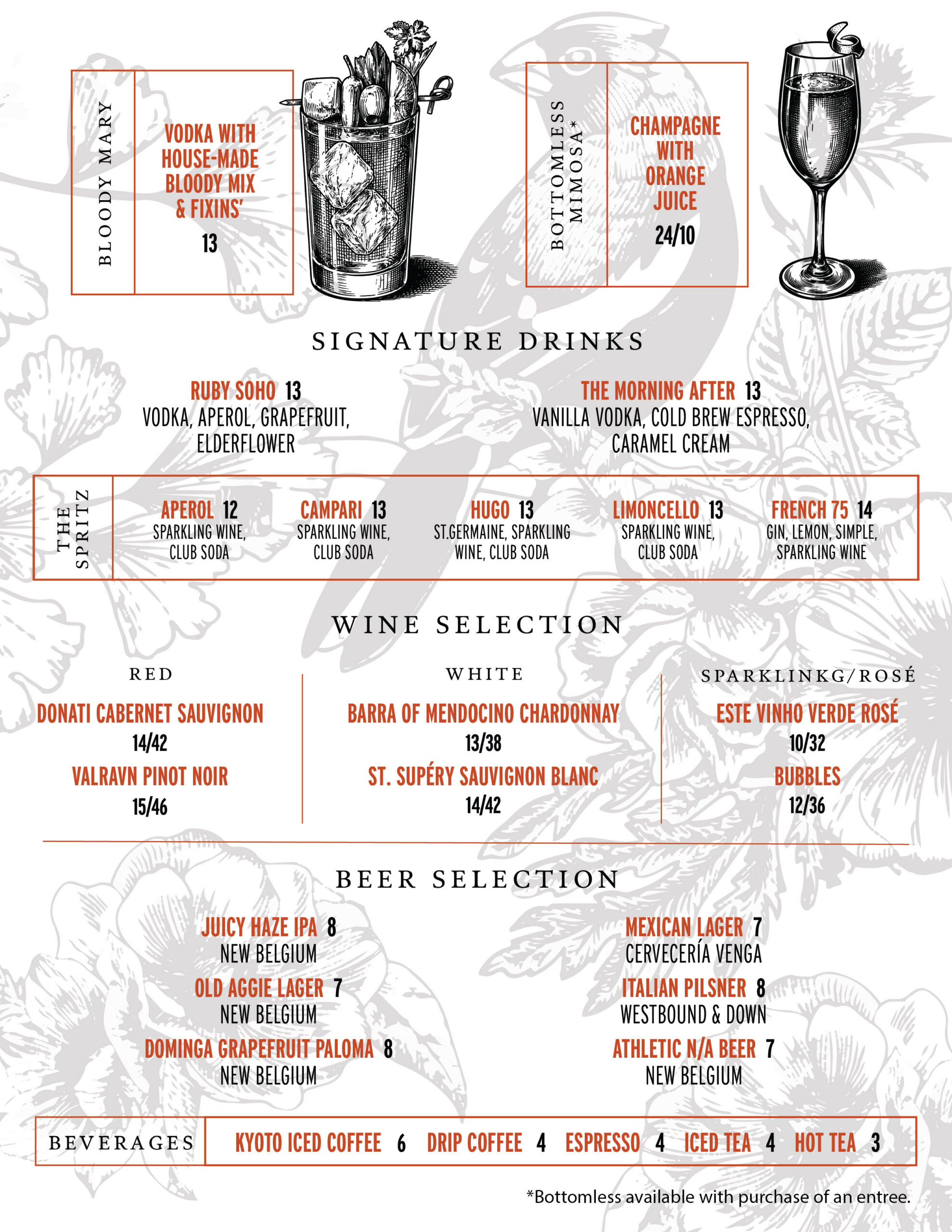 Ace Café Brunch Drink Menu Spring 2026