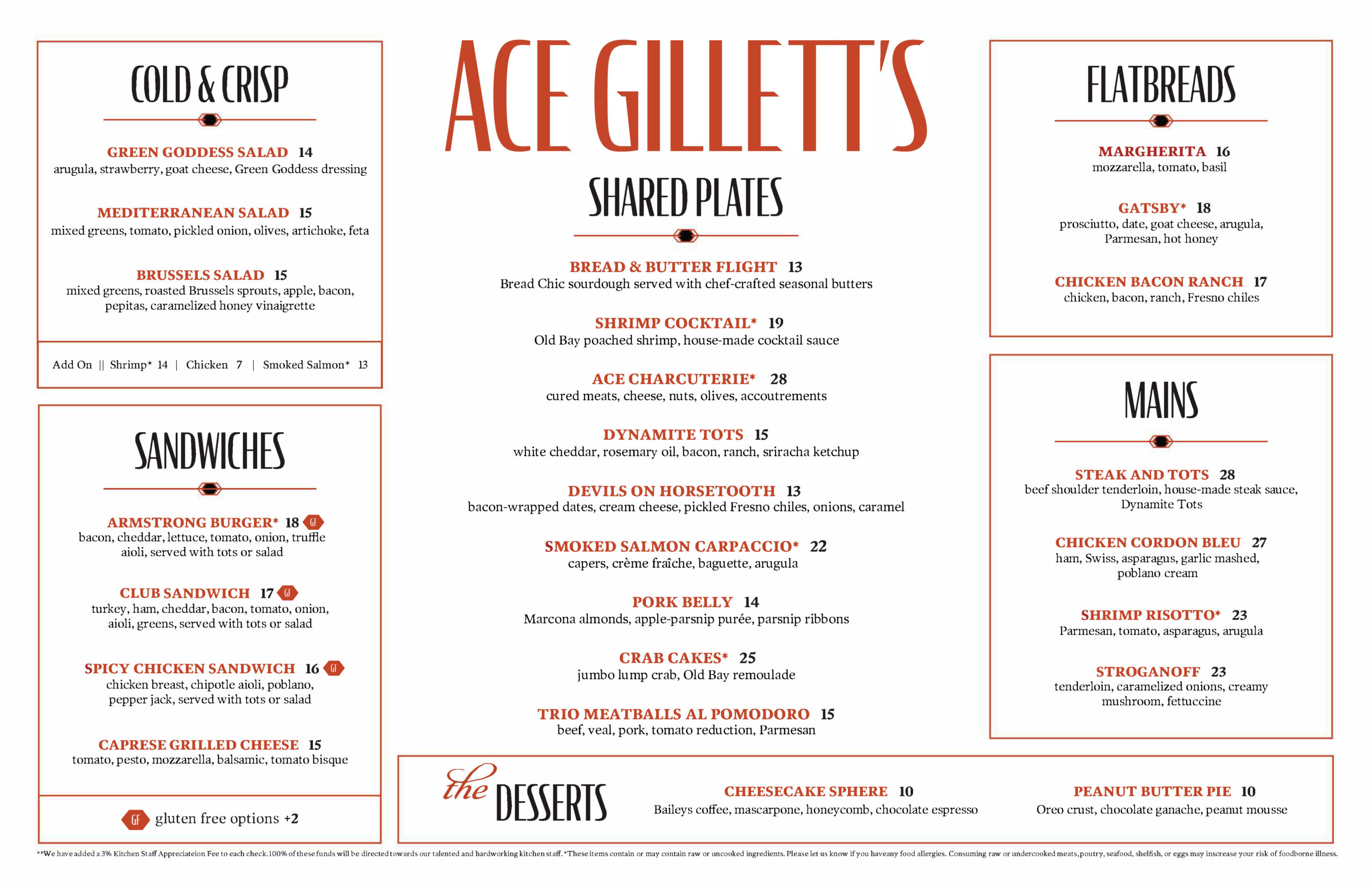 Ace Gillett's Menu Summer 2026
